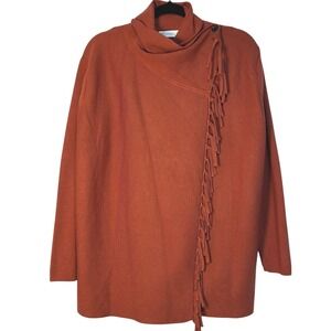 Rafaella Mock Neck Knit Fringe Jacket Sweater Rust Boho Chic Long Sleeve Fall‎ M